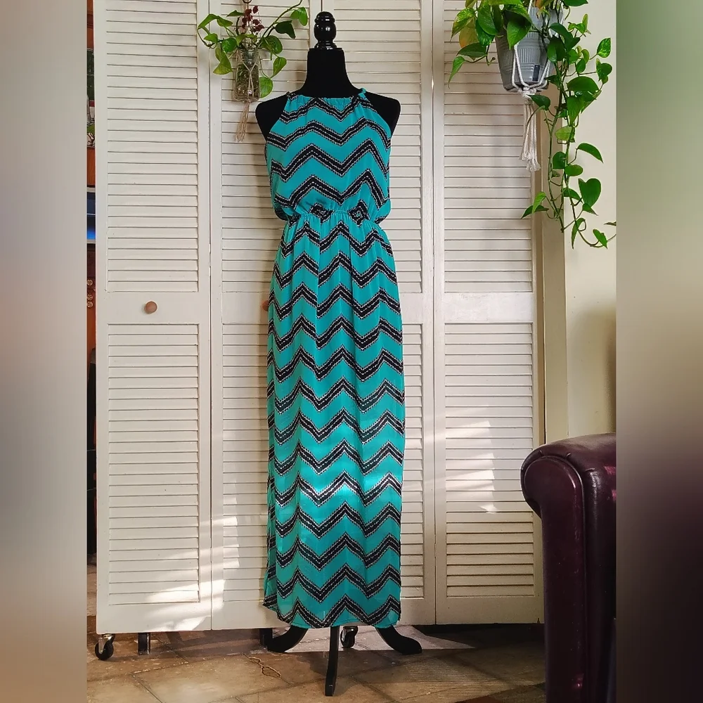 TeenPlo Aqua Teal & Black Chevron Sleeveless Maxi Dress Size S – Like New - Picture 1 of 11